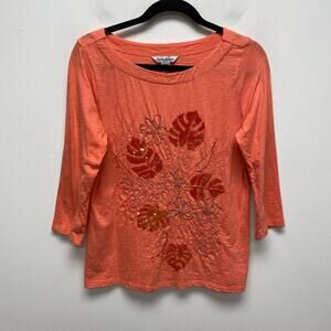 Tommy Bahama Womens Coral Sequin Embellished Embroidered Floral 3/4 Sleeve Top S